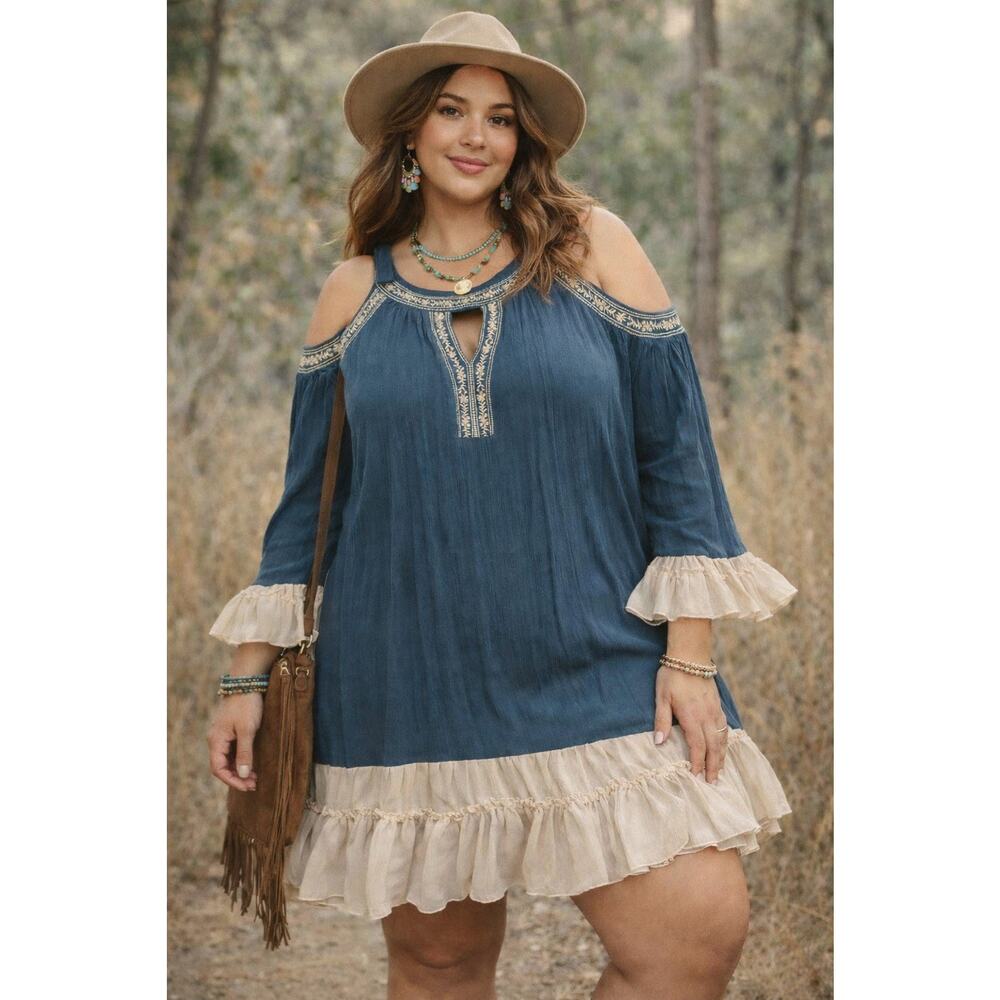Shari B. Womens Remade Blue Cold Shoulder Boho Tunic Blouse Dress Top Sz XL-2XL